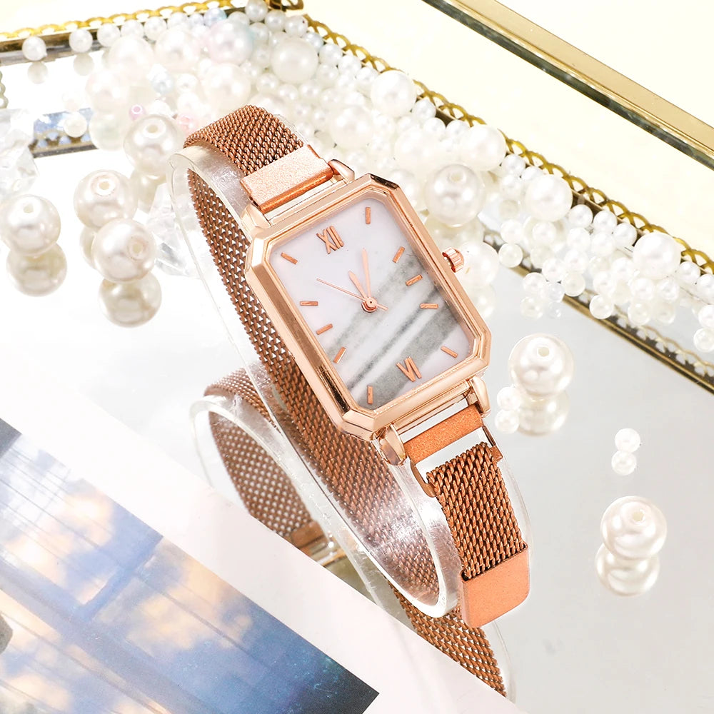Women Watches Fashion Square Ladies Quartz Watch Bracelet Set Green Dial Simple Rose Gold Mesh Luxury Women Watches Qme