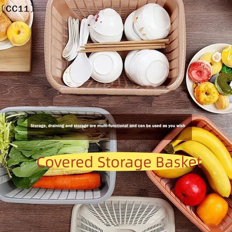 Plastic Storage Basket Lid Multifunctional Draining Storing Utensils Qme