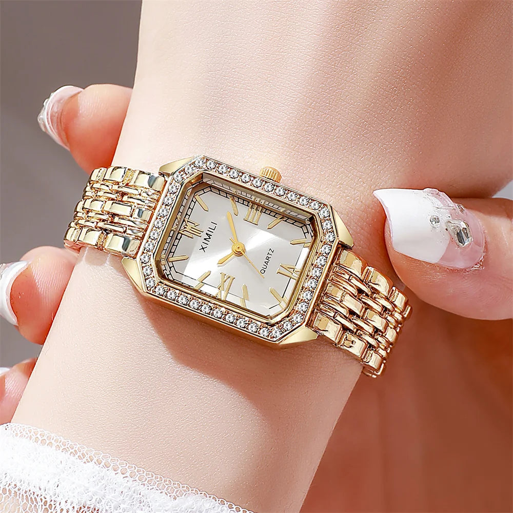 Fashion Business Ladies Quartz Watch Casual Luxury Diamonds Rome Simple Women's Stainless Steel Strap Gold Hundred Dress Watches Qme WHITE