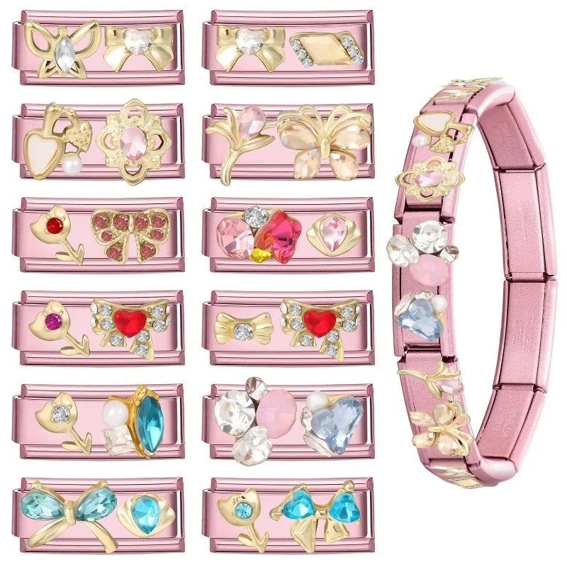 Shiny Colorful Zircon Bowknot Butterfly Garland Italian Charm Links Fit 9mm Stainless Steel Bracelet Women Y2K DIY Making Gift Qme