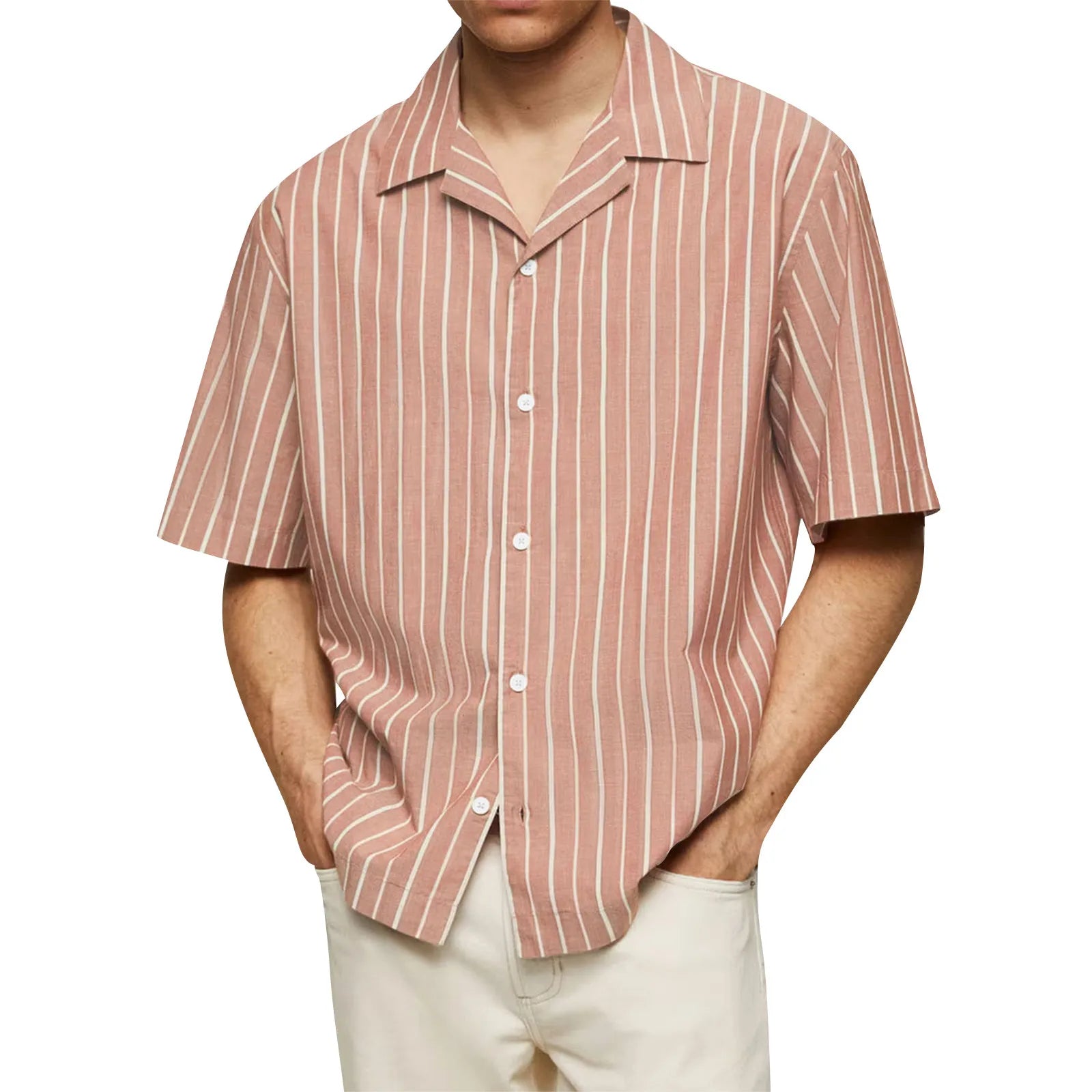 Male Fashionable Stripped Patchwork Retro Business And Daily Half Sleeved Summer Cardigan With Buttons Basics And Versatile Qme White XL
