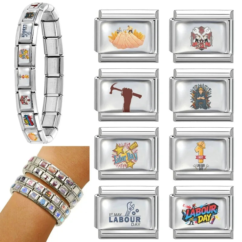 DIY Labour Day Series Italian Charm Bracelet Hammer Axe Pattern Bead Fit 9mm Stainless Steel Italian Charm Bracelet Jewelry Gift Qme