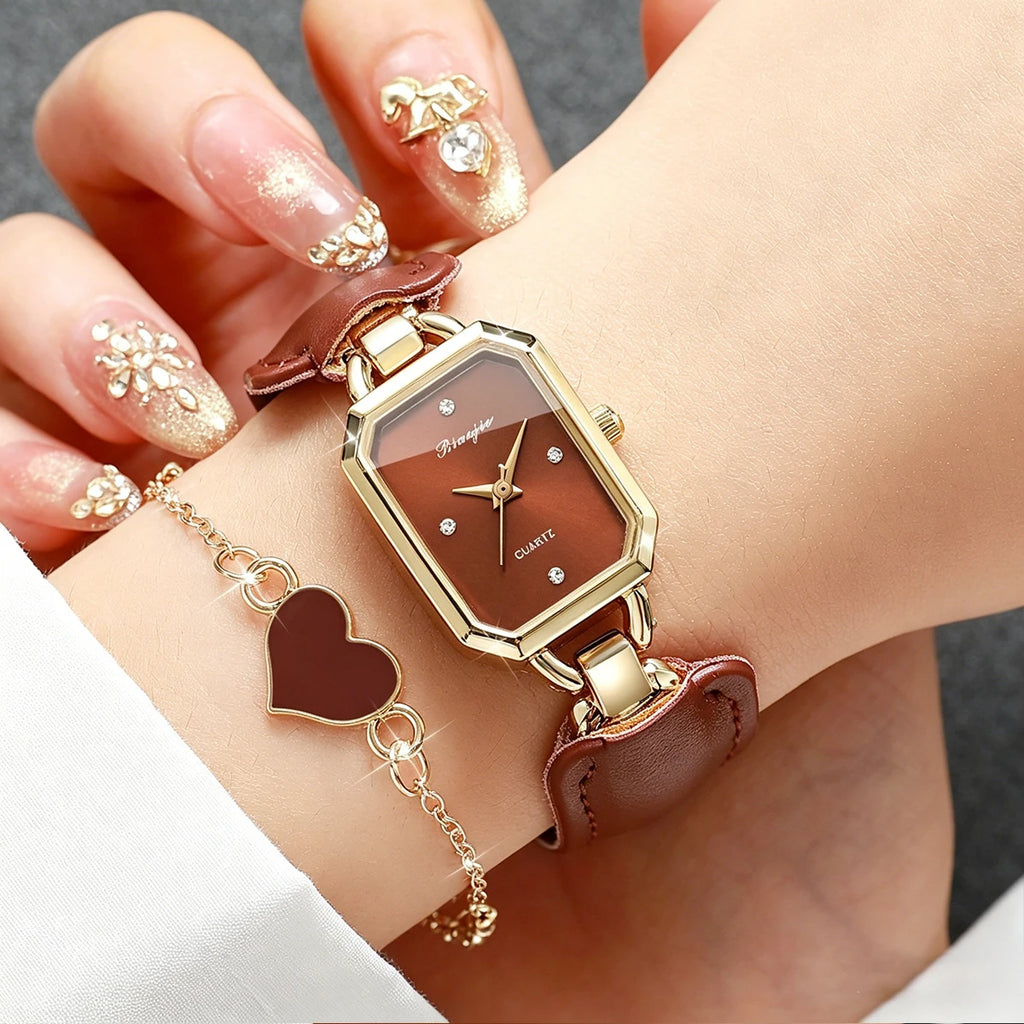 Women's Gold Watch Jewelry Set, 4Pcs Brown Dial Watch + Brown Heart Bracelet + Necklace + Earrings, Minimalist Elegant Style Qme