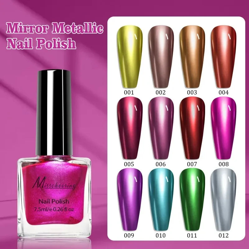 Instant Chrome Nail Polish 12 Colors - No UV Lamp Mirror Effect, Quick Dry Metallic Nail Lacquer, Long Lasting Salon Nail Polish Qme
