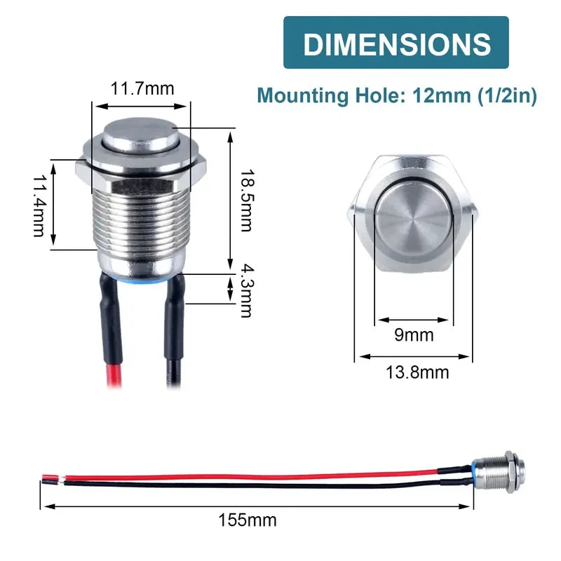 5Pcs 12mm Round Head Momentary Push Button Switch Stainless Normal Open With Pre-Welded Cable One On-Off Used For Auto And Boats Qme