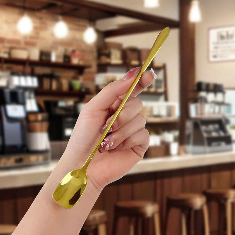 Stainless Steel Long Handle Round Spoon Golden Dinner Stirring Qme A2 Gold
