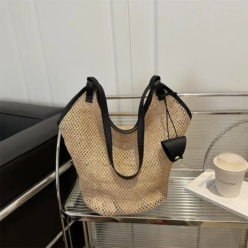 Hollow Out Straw Woven Bag Parent Shoulder Bag Tote Bagwith Sunglasses Clip Bohemian Beach Handbag Bucket Bag Qme A1