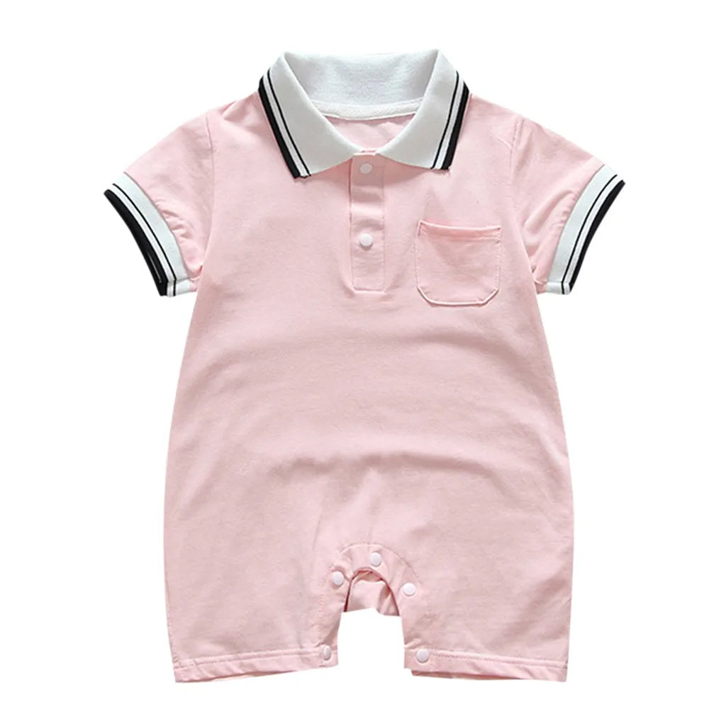 Baby Boys And Girls Summer Lightweight Solid Color Short Sleeve Turn-Down Collar Pocket Romper Convenient Casual Basic Playsuits Qme