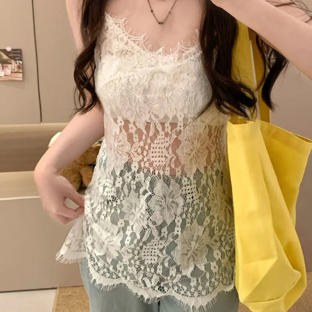 Elegant Beach Wear Lace Camisole Skirt Sweet Loose Lace-edged Summer Qme