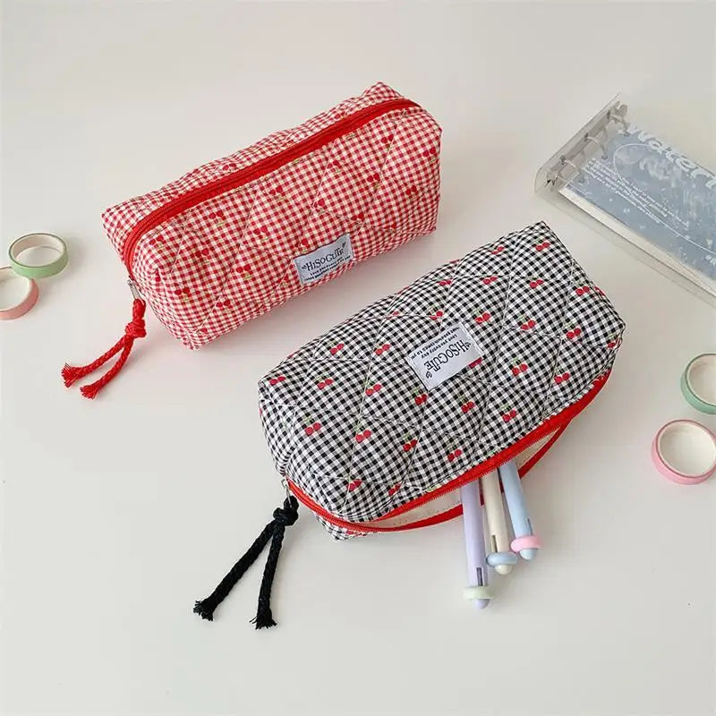 Cute Student Stationery Bag Ladies Cosmetic Bags Cherry Plaid Large Qme