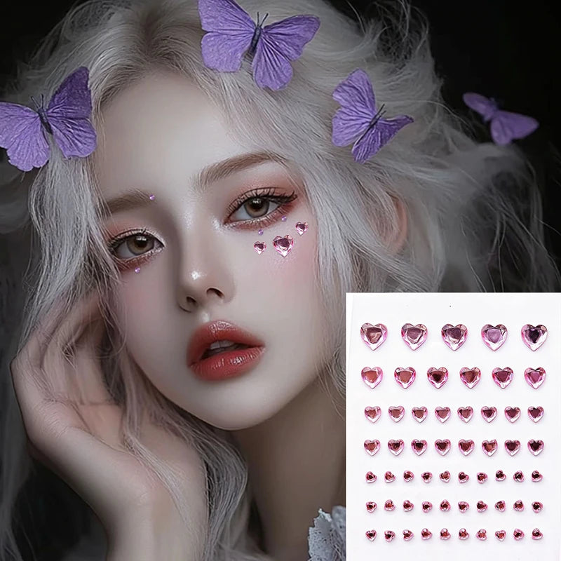 57Pcs/sheet Heart Rhinestone Face Jewels Stickers 3D Multicolor Self-Adhesive Gems For DIY Festival Party Eye & Face Makeup Deco Qme Pink