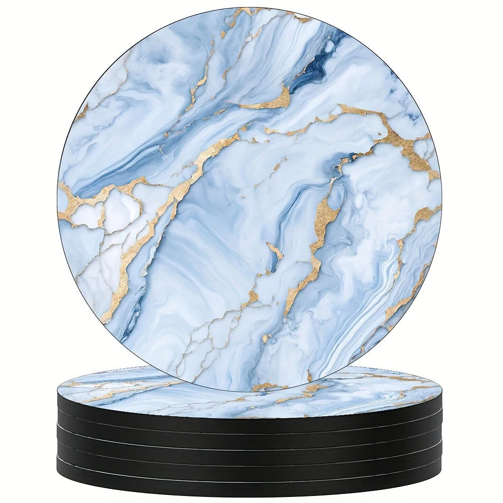 Marble Veining Wooden Drink Coasters Round Absorbent Funny Cold Qme Wooden Blue 6Pcs