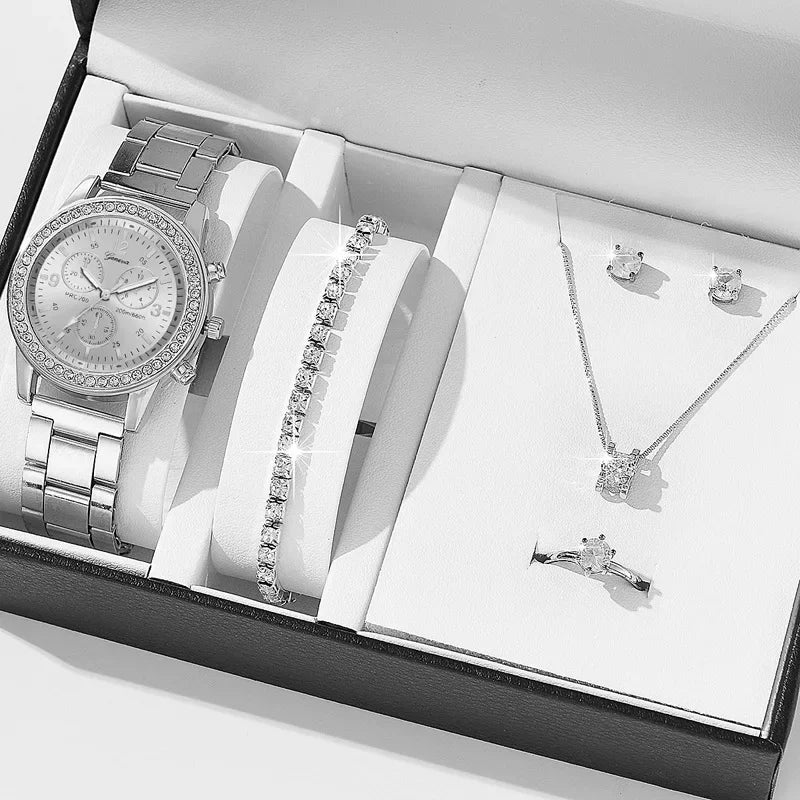 Women Quartz Watch Luxury with Diamonds Simple Stainless Steel Strap Clock Ring Necklace Earrings Rhinestone Set Reloj (no Box) Qme Y3