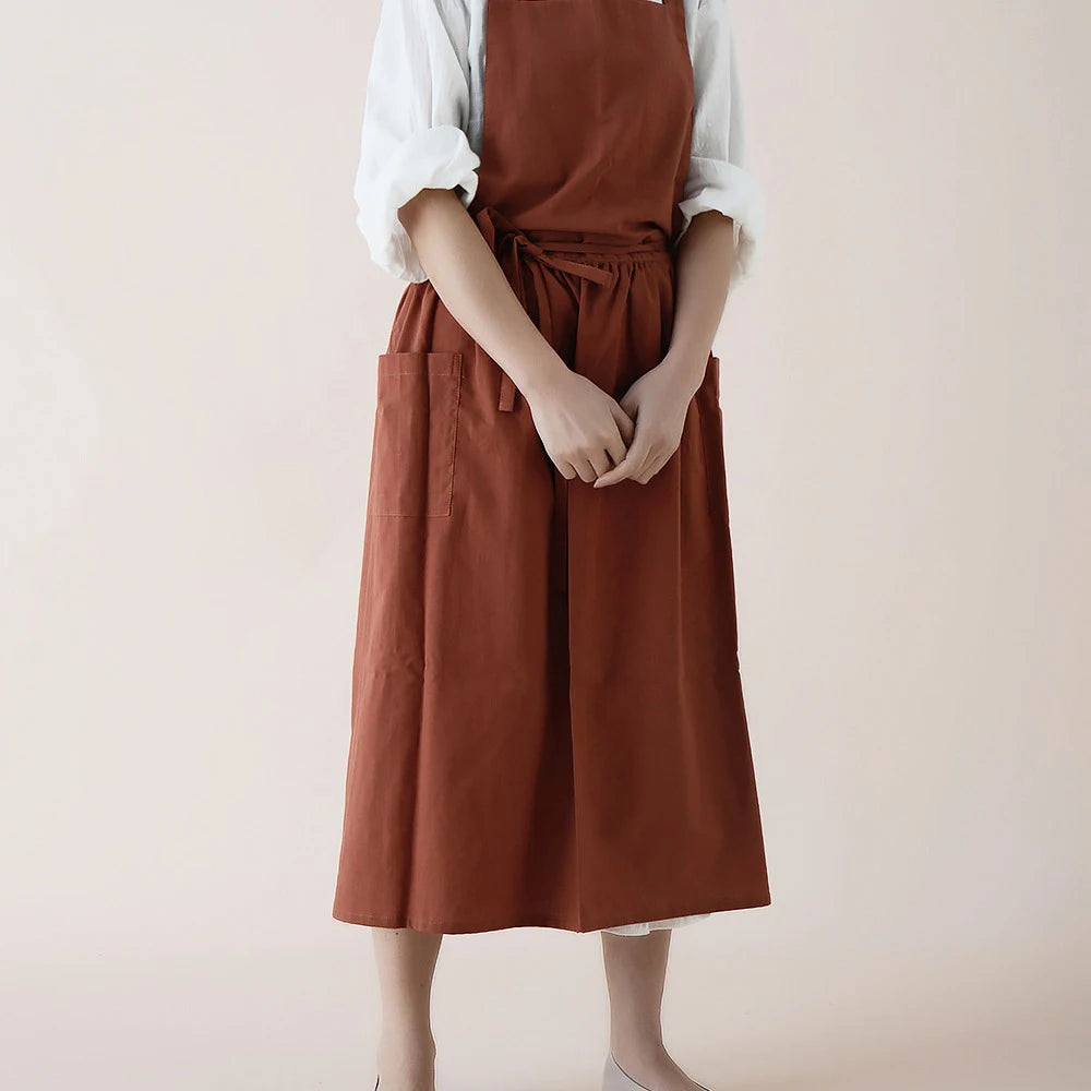 Jananese Summer Apron Art Long Home Baking Dessert Teacher Floral Painting Students Dress Apron For Woman Girl Kitchen Qme red