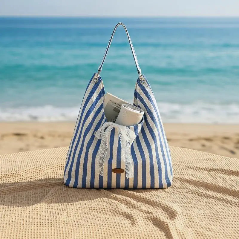 Stripe Hobo Bag Women Lace Bow Decor Canvas Tote Reversible Shoulder Qme
