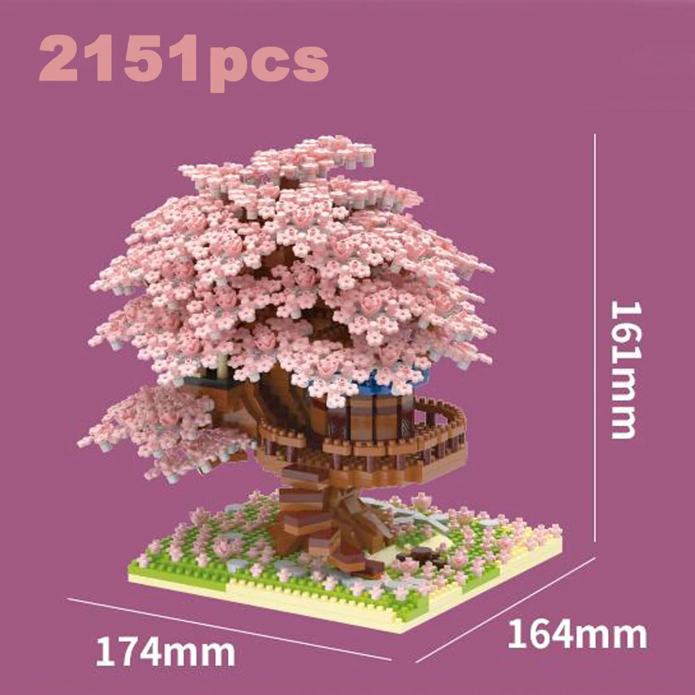 DIY Discoloration Cherry Blossom Flower Pink Tree House Train Assembly Building Blocks Classic Model Bricks Sets Kid Boy Girl Qme Pink-Big