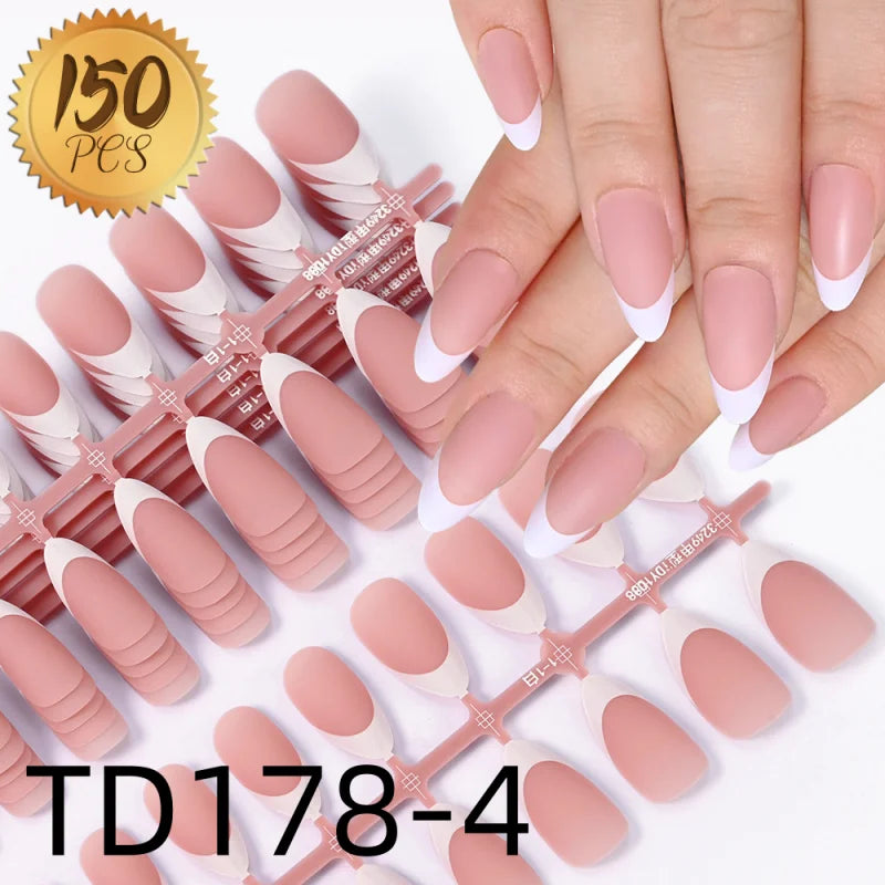 150pcs French White Edge Wearing Nail Pink Fake Nail Piece Full Sticker Matte Manicure Ultra thin White Qme TD178-4