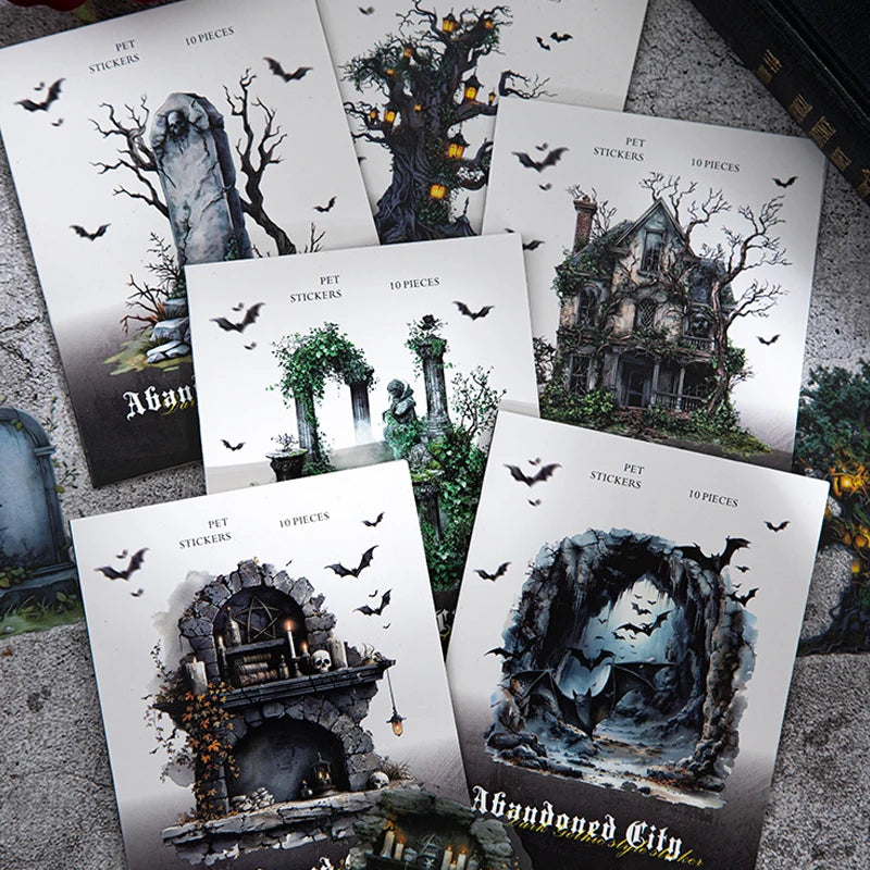 10 Sheets/Bag Gothic Abandoned City Scenery Stickers for Scrapbooking Planner Notebook DIY Phone Case Decoration Office Gift Qme