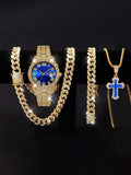 Men's Full Diamond Gold Watch and Jewelry Combo Set, Iced Out Cuban Chain + Bracelet + Blue Cross Pendant + Watch, Perfect Gift Qme Default Title