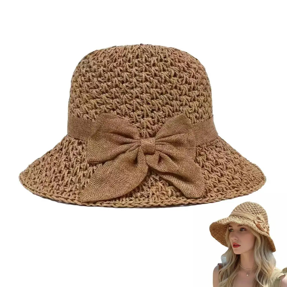 Wide Brim Floppy Beach Sun Hat Hundred Throw Bucket Cap Bowknot Girls Qme Khaki