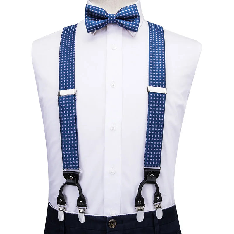Silk Woven Mens Suspenders Bow Tie Hanky Cufflinks Strength 6 Clips Qme