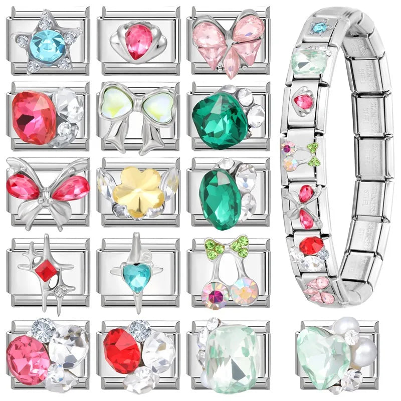 Green Blue Pink Zircon Stars Colored Cherry Italian Charm Links Fit 9mm Stainless Steel Bracelet Women Jewelry DIY Making Gifts Qme