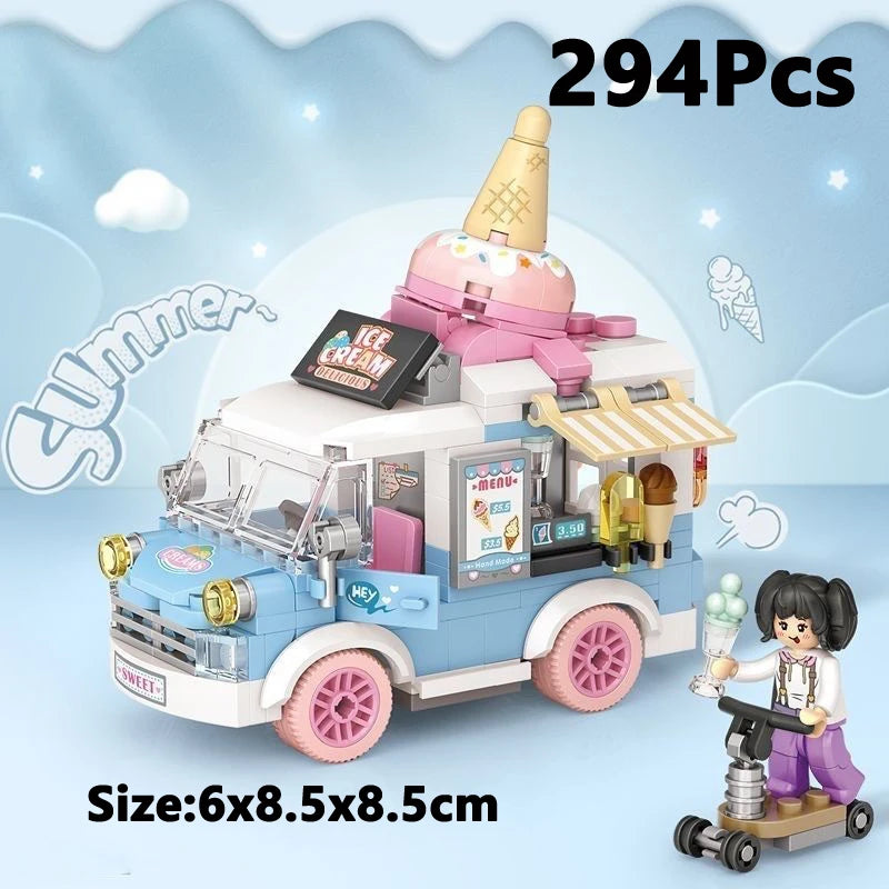 Mini Blocks City Series Street View Cartoon Rabbit Duck FOOD Truck Fruit/Icecream Shop Car Assemble DIY Toys Children Boys Gifts Qme 4207
