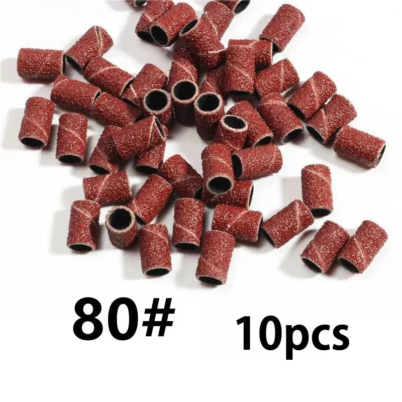 10pcs Sanding Cap Bands For Electric Manicure Machine 180/120/80 Grit Nail Drill Grinding Bit Files Pedicure Tool Set Qme 10PCS