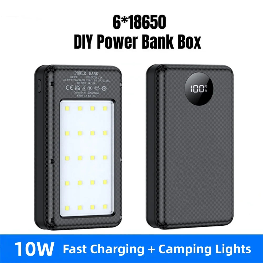 Multifunctional 6 Slots 18650 Battery Holder DIY Mobile Power Shell 10W Fast Charging LED Lamp Outdoor Portable Charger Case Qme