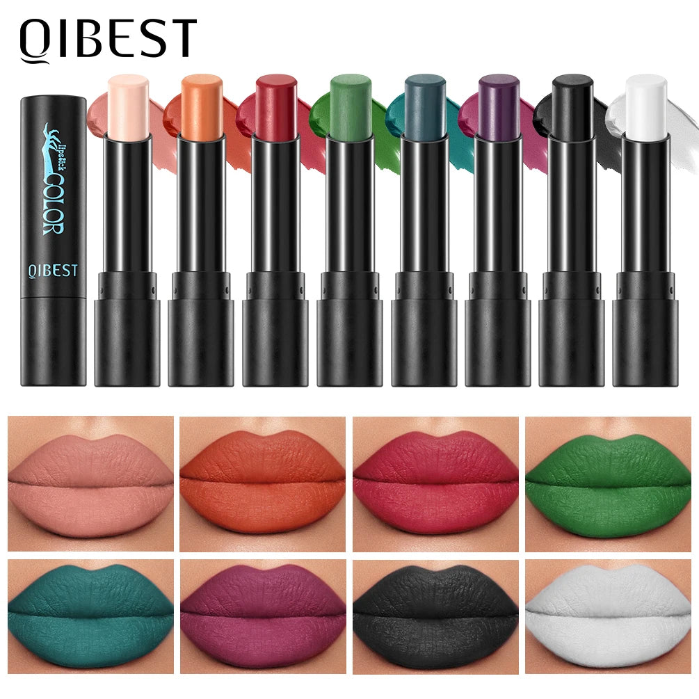 QIBEST Nude Velvet Matte Lipstick Long-lasting Highly Pigmented Lip Tint Not Stick Cups Red Green Orange Black White Lip Stain Qme