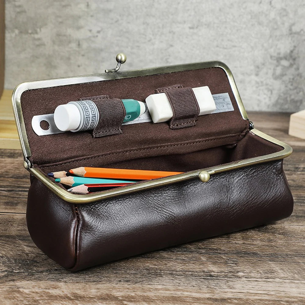 Handmade Vintage Genuine Leather Pencil Case Retro Storage Box for Office School Supplies Best Gift Stationery Storage Box Qme