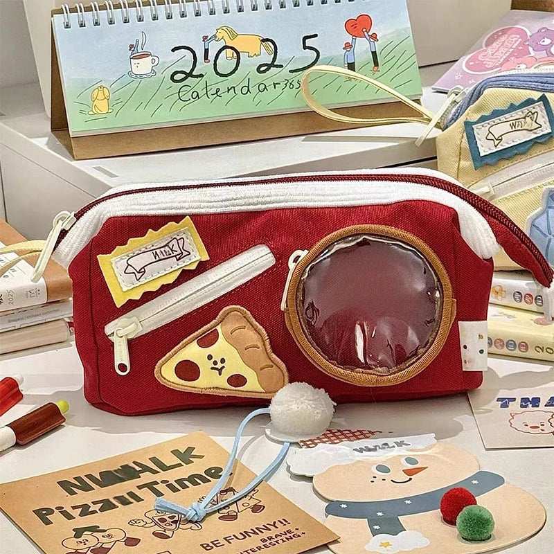 Adorable Large Capacity Burger Pencil Case Multi-layer Japanese Qme red