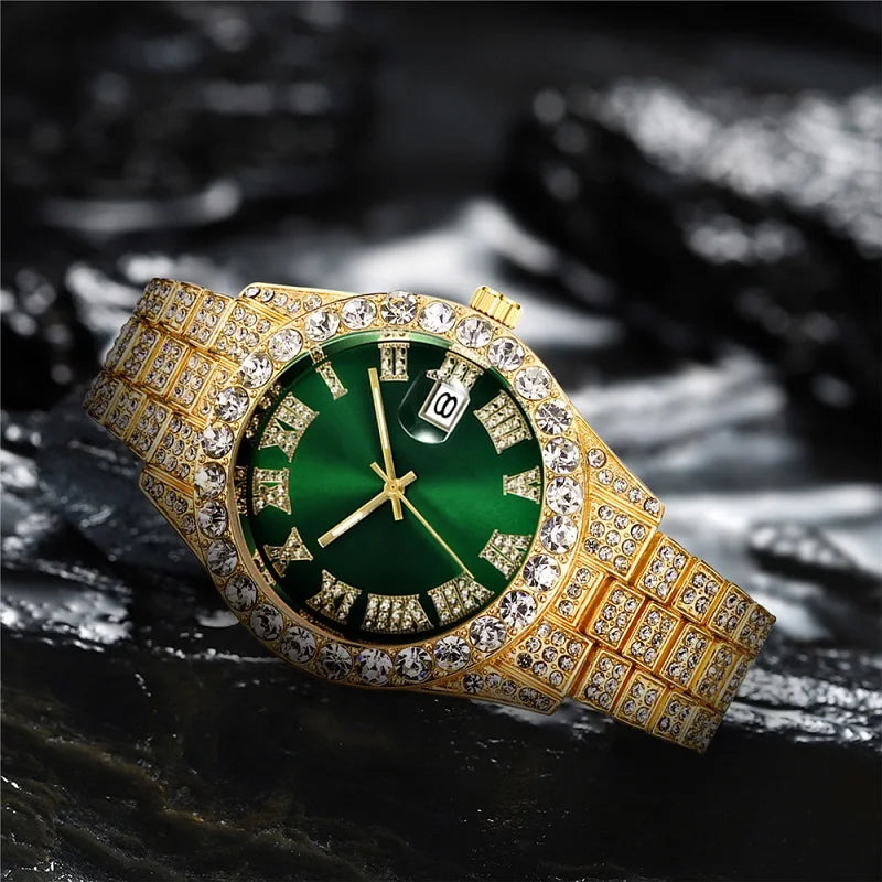 Hip hop Watch Male watch luxury water proof Brand watches Stainless steel Round Clock Men quartz wristwatches Gift boyfriend Qme gold green