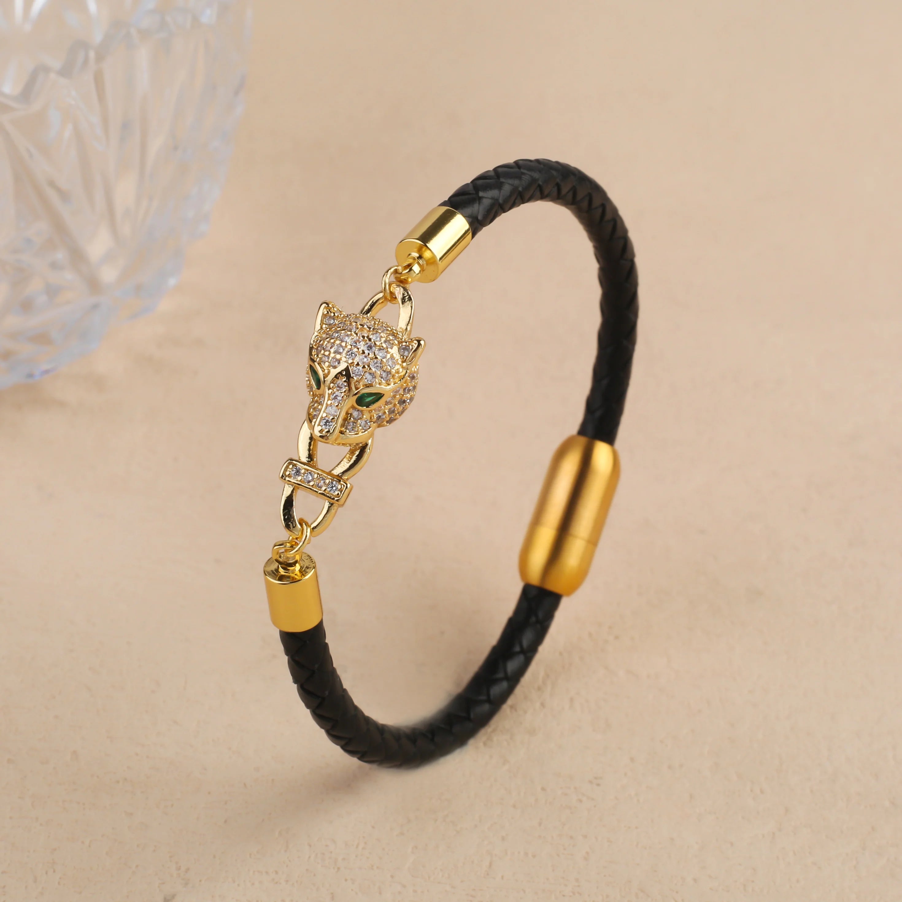 New Domineering Leopard Head Geometric Zircon Bracelet Stainless Steel Magnetic Clasp Bracelet Trendy For Men Women Jewelry Gift Qme