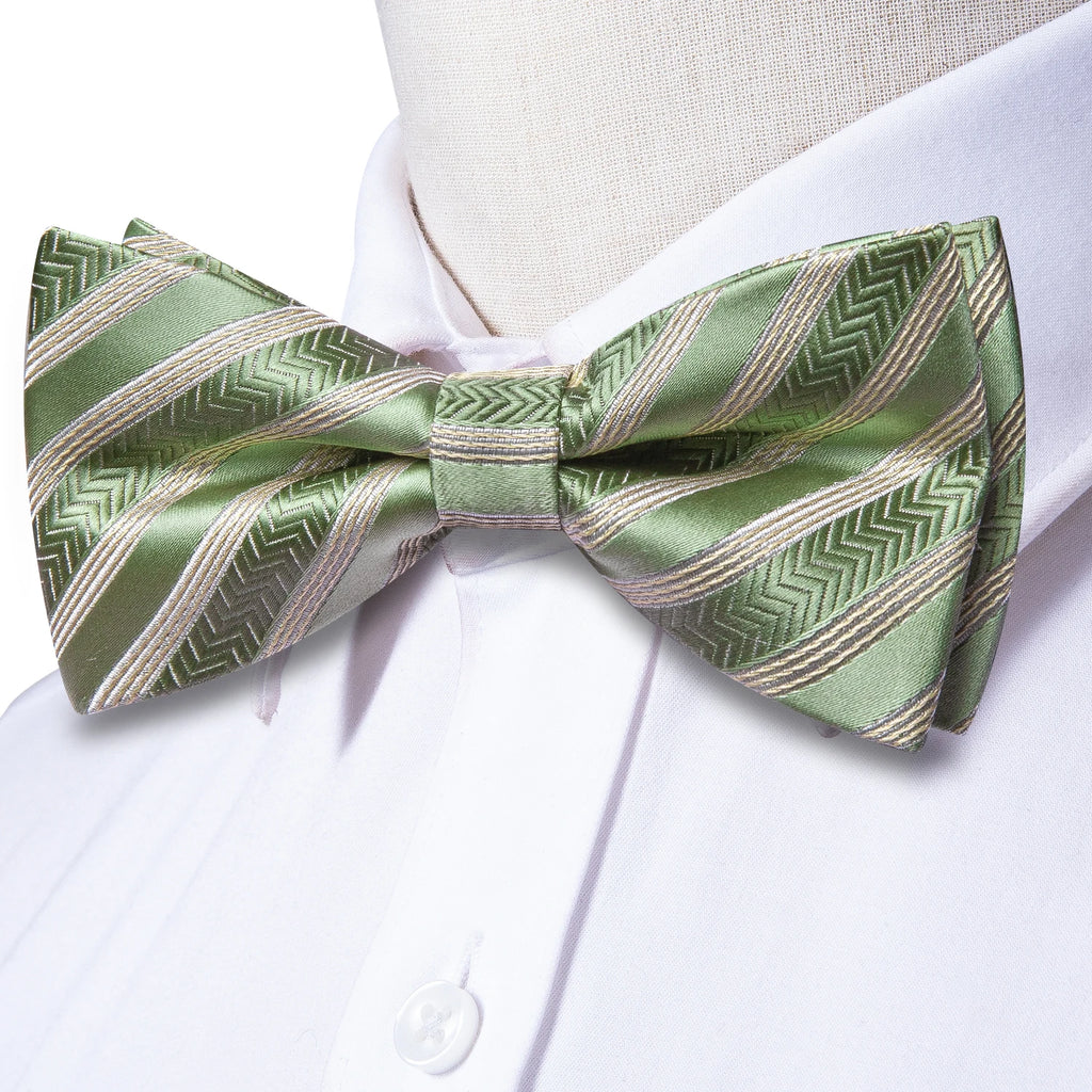Hi-Tie Pea Green Silk Mens Striped Pre-tied Bow Tie Hanky Cufflinks Set Butterfly Knot Bowtie for Male Wedding Business Qme