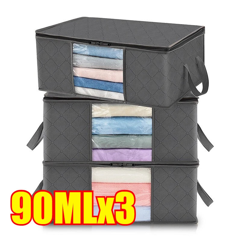Closet Organizers and Storages Clothes Storage Bag Blanket Storage Foldable Storages Bin Sturdy Sewn By 3 Layers Fabrics Qme 3PCS-90L
