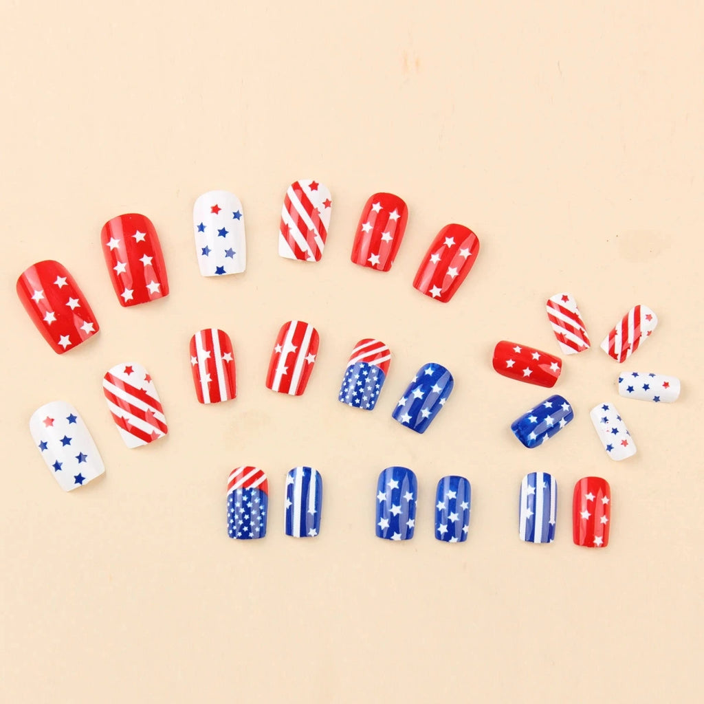 Detachable European Square False Nails Mid Long Style Red Blue Star Stripes Independence Day Wearable Nail Tips Beauty Qme