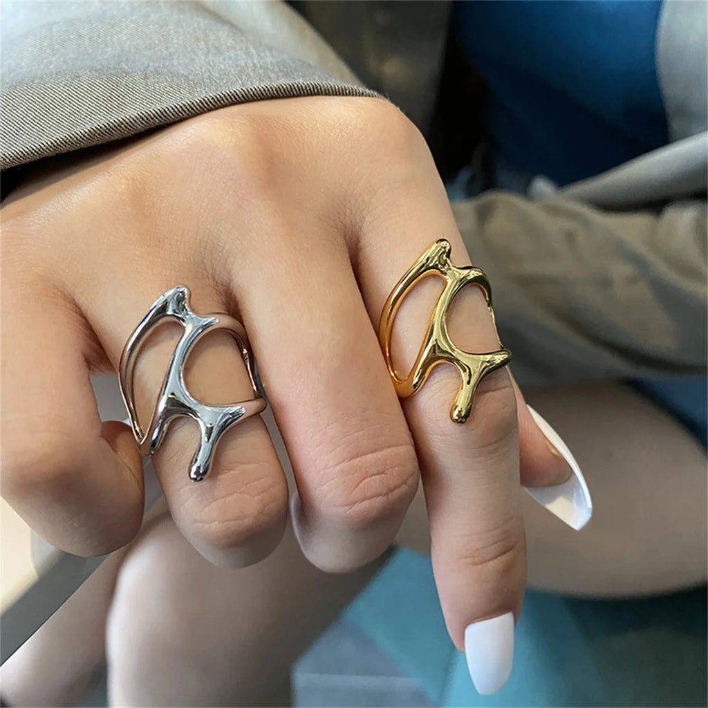 Y2K Silver Color Irregular Adjustable Rings for Teenager Punk Geometric Hollow Branches Open Ring Party Vintage Women Jewelry Qme