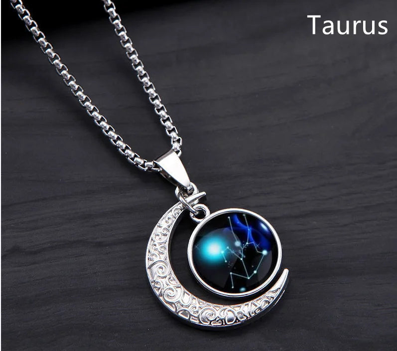 12 Constellation Luminous Necklace Zodiac Signs Jewelry Crescent Moon Pendant Glow In The Dark Necklace Birthday Gifts Unisex Qme Taurus
