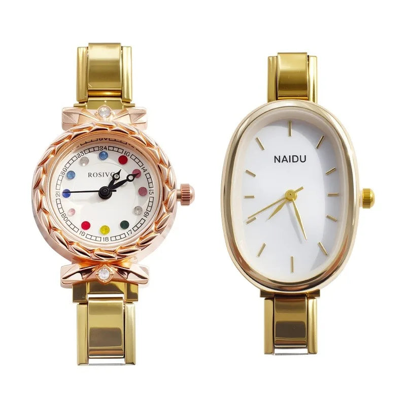 Design Colorful Gems High Quality Women's Stainless Steel Round Oval Watch Bracelet Bangle For Friend Birthday DIY Jewelry Gifts Qme
