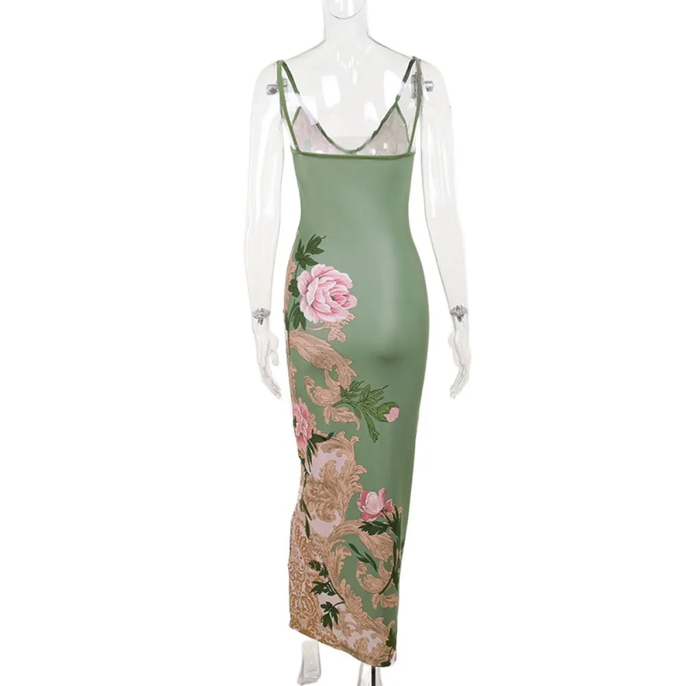 Slim-fit Dresses Sleeveless Print Suspender Dress Vneck Backless Floral Long Dresses Halter Cross Maxi Dress Club Qme