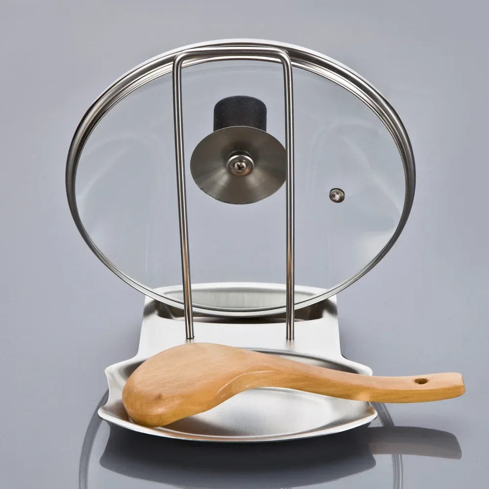 Stainless Steel Pan Pot Rack Cover Lid Rack Stand Spoon Holder Unique Design Holder Kitchen Tool Pot Lid Holder Spoon Rest Qme