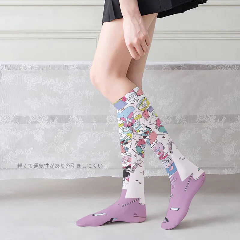 1 Pair Women Mid-tube Stockings Cartoon Anime Personality Printed Qme