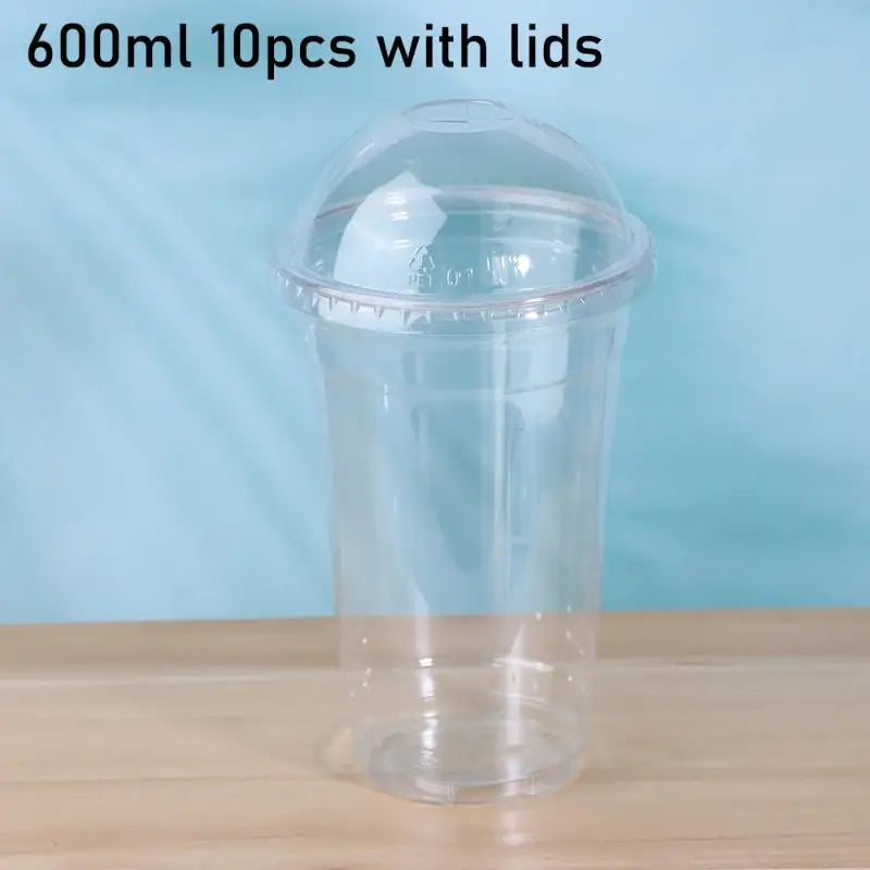 Disposable Clear Plastic Cups Lid 100 Straws Fruit Juice Milk Tea Qme 600ML