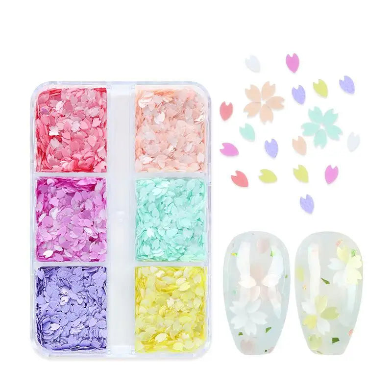 6 Grids Shining Flower Petal Chip Nail Sequins Cherry Blossoms Qme B