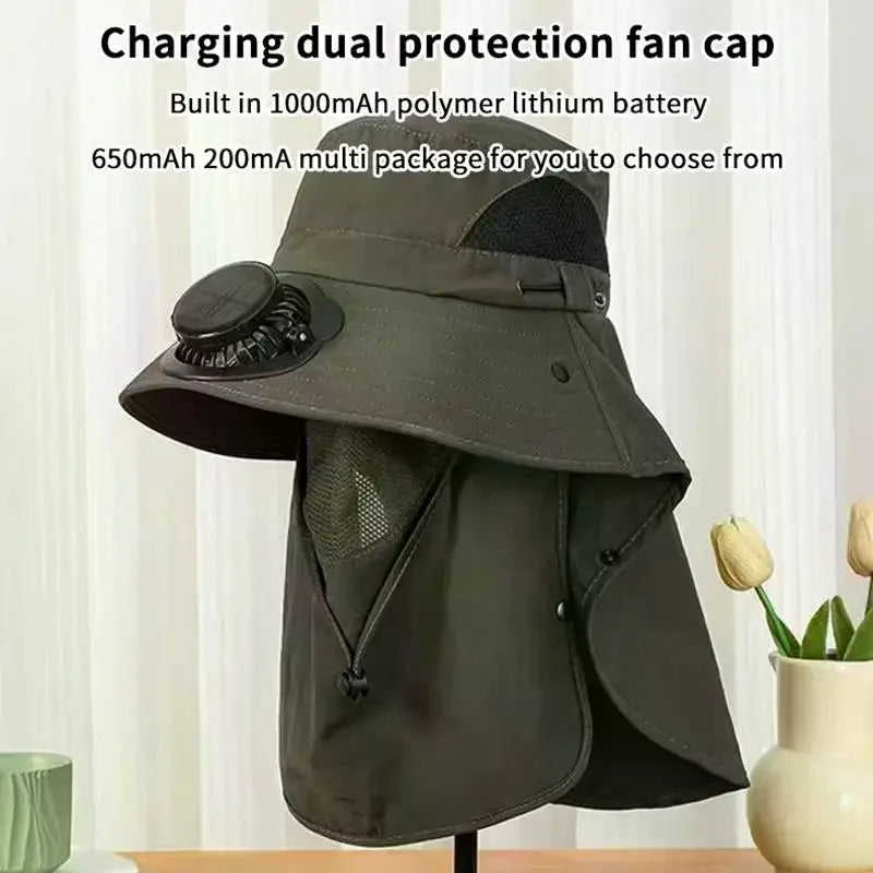 Men Fan Hat Solar Panel Wide-brimmed Shawl Fishing USB Charging Qme