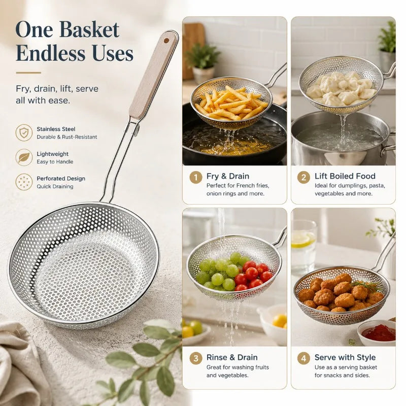 Stainless Steel Colander Fine Mesh Skimmer Spoon with Wooden Handle Used for Cooking Food Large Kitchen Frying Filter Qme