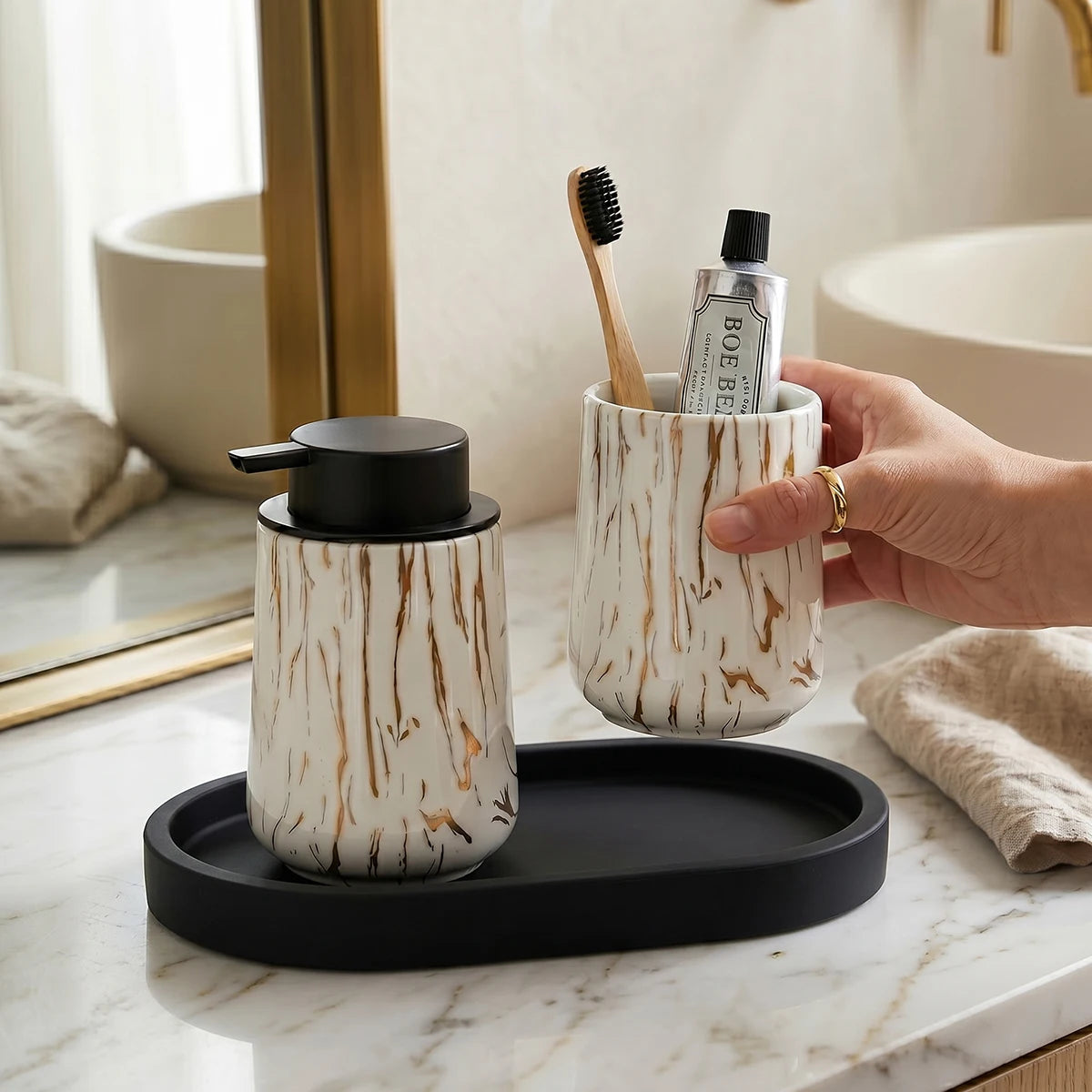3pcs/set Marble Bathroom Set with Silicone Tray Foaming Hand Dispenser Toothbrush Holder Set Vanity Organizer for Bathroom Kitch Qme