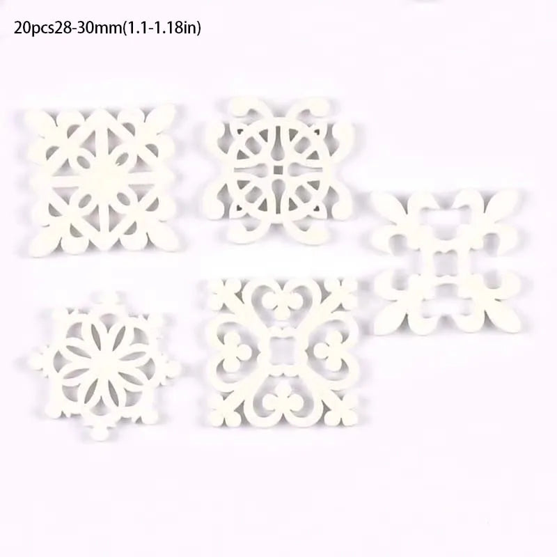20Pcs 28-30mm white Wood Crafts DIY Scrapbooking Handmade Accessory Flower Lace Pattern Wooden Ornaments Home Decor Arts m2264 Qme