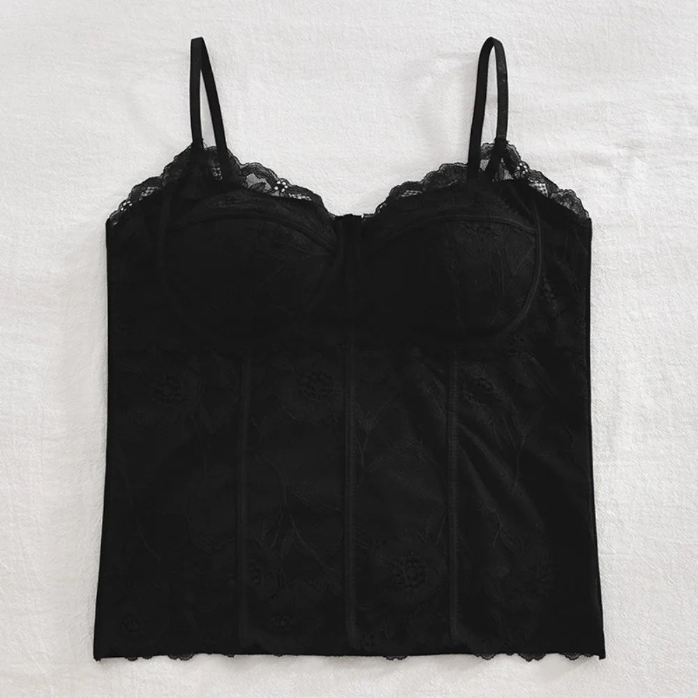 Chic Mesh Flower Slim Lace Crop Bottoming Shirt Sweet Girl's Vest V Qme Black L
